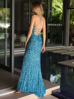 Style 3959 Primavera Blue Size 2 Sequined Floor Length Black Tie Side slit Dress on Queenly