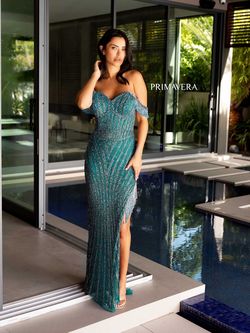 Style 4127 Primavera Blue Size 2 Pageant Sequined Side slit Dress on Queenly