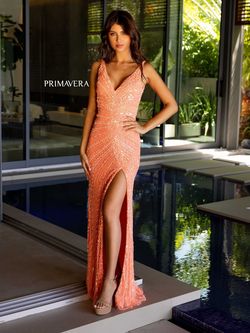 Style 4143 Primavera Orange Size 0 Black Tie Sequined Coral Side slit Dress on Queenly
