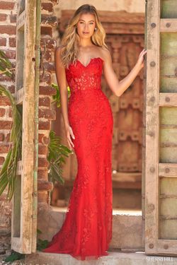Style 54227 Sherri Hill Red Size 4 Tall Height Fitted Floral Floor Length Mermaid Dress on Queenly