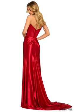 Style 55419 Sherri Hill Red Size 0 Tall Height 55419 Satin Floor Length Side slit Dress on Queenly