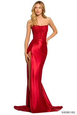 Style 55419 Sherri Hill Red Size 0 Pageant Tall Height Floor Length Black Tie Side slit Dress on Queenly
