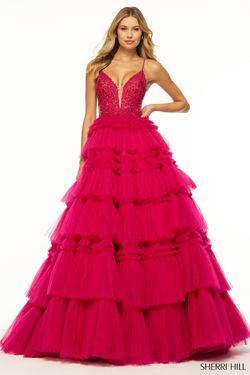 Style 56102 Sherri Hill Pink Size 0 Floor Length Tulle Corset Ball gown on Queenly