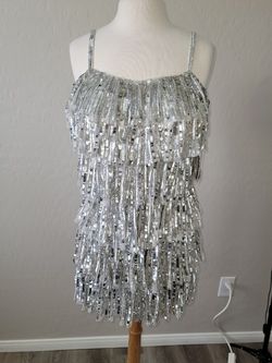 Mac Duggal Silver Size 8 Sequined Spaghetti Strap Black Tie Sheer Straight Dress on Queenly