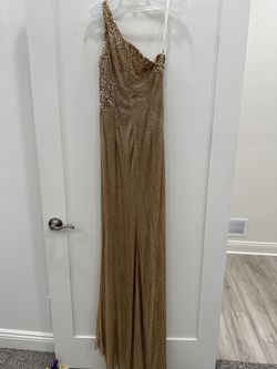 Sherri Hill Gold Size 6 Floor Length One Shoulder Jersey Pageant Side slit Dress on Queenly
