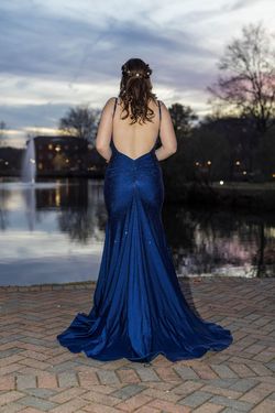 Sherri Hill Blue Size 8 Plunge Black Tie Side slit Dress on Queenly