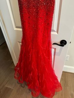 Style -1 Panoply Red Size 4 Military Pageant Floor Length Feather Mermaid Dress on Queenly