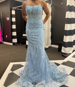 Style JVN23250 Jovani Blue Size 6 Mermaid Prom Floor Length Train Dress on Queenly