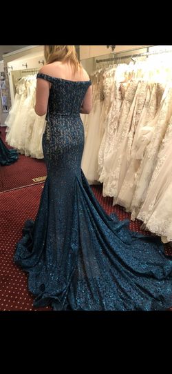 Style 81120 Jovani Blue Size 8 Plunge Tall Height Mermaid Dress on Queenly