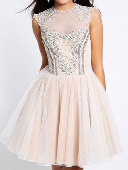 Style 92711 Jovani Nude Size 2 Embroidery Mini Sheer Cocktail Dress on Queenly