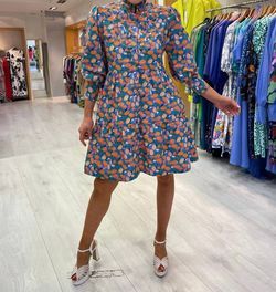 Style 1-1442100301-2696 EMILY LOVELOCK Blue Size 12 Mini Print Tall Height Cocktail Dress on Queenly