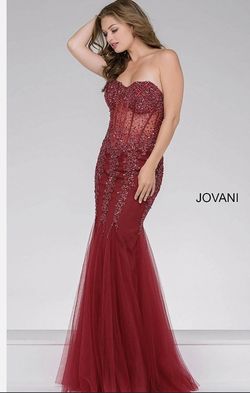 Style Jovani 5908 Strapless Sweetheart Corset Illusion Bodice Mermaid Gown Jovani Red Size 00 Free Shipping Short Height Ball gown on Queenly