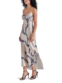 Style 1-2978894596-3011 STEVE MADDEN Blue Size 8 V Neck Free Shipping Floor Length Side slit Dress on Queenly