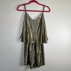 Style 1-4103724045-2696 BB Dakota Gold Size 12 Shiny Floor Length Jersey Tall Height Jumpsuit Dress on Queenly
