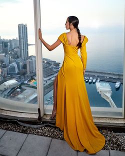 Style M20340 Modessa Couture Yellow Size 8 Prom Black Tie Floor Length Side slit Dress on Queenly