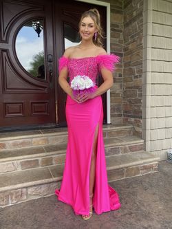 Style 55283 Sherri Hill Pink Size 6 Pageant Jersey Floor Length Side slit Dress on Queenly