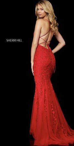 Style 52338 Sherri Hill Red Size 8 Tulle Floor Length Mermaid Dress on Queenly