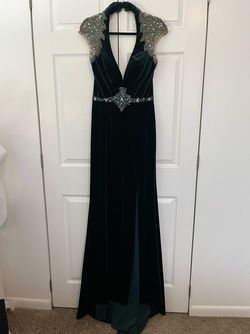 Mac Duggal Green Size 8 Floor Length Jersey Velvet Side slit Dress on Queenly