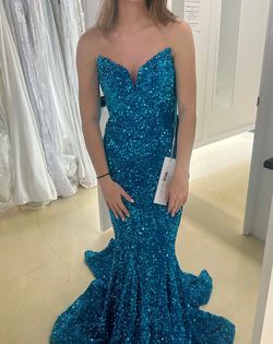 Style PS21208 Portia and Scarlett Blue Size 4 Ps21208 Jersey Sequined Mermaid Dress on Queenly