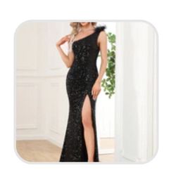 Everpretty Black Size 10 Sequined One Shoulder Side slit Dress on Queenly