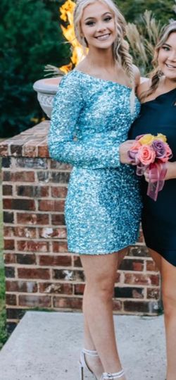 Style 54469 Sherri Hill Blue Size 4 Homecoming Free Shipping Mini Cocktail Dress on Queenly