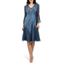 Komarov Blue Size 10 V Neck Bell Sleeves Floor Length A-line Dress on Queenly