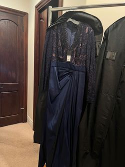 Style CY21268L Tadashi Shoji Blue Size 12 Long Sleeve Floor Length A-line Dress on Queenly