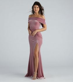 Style 05002-7388 Windsor Pink Size 0 Velvet Tall Height Strapless Mermaid Side slit Dress on Queenly