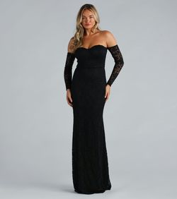 Style 05002-7486 Windsor Black Size 8 Lace Sheer Sleeves Floor Length Mermaid Dress on Queenly