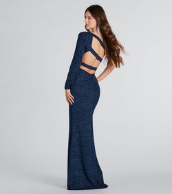 Style 05002-7628 Windsor Blue Size 4 Tall Height Shiny Floor Length Side slit Dress on Queenly