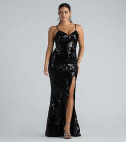 Style 05002-7665 Windsor Black Tie Size 0 Tall Height Sequined Mermaid Prom Side slit Dress on Queenly