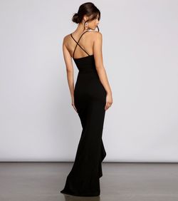 Style 05002-1239 Windsor Black Size 8 Prom Satin Jersey Side slit Dress on Queenly