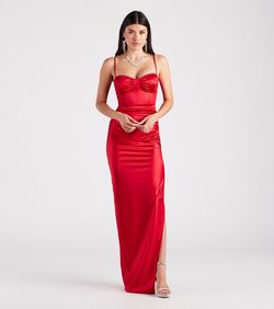 Style 05002-7470 Windsor Red Size 8 Silk Tall Height Satin Wedding Guest Side slit Dress on Queenly