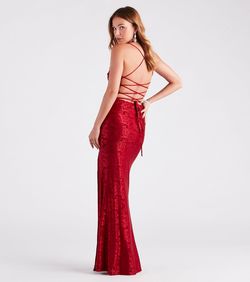 Style 05002-7491 Windsor Red Size 16 Plus Size Prom Floral Tall Height Side slit Dress on Queenly