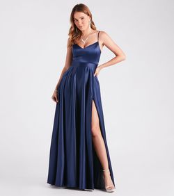 Style 05002-7424 Windsor Blue Size 4 V Neck Satin Jersey Side slit Dress on Queenly