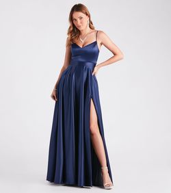 Style 05002-7424 Windsor Blue Size 6 V Neck Satin Jersey Side slit Dress on Queenly