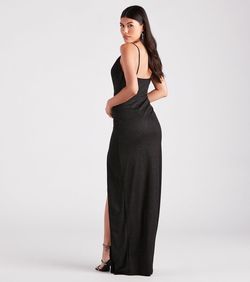 Style 05002-7178 Windsor Black Size 0 Shiny Bridesmaid Side slit Dress on Queenly