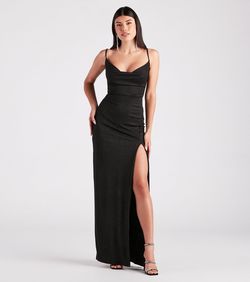 Style 05002-7178 Windsor Black Size 0 Prom Spaghetti Strap Jersey Side slit Dress on Queenly