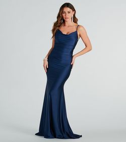 Style 05002-7879 Windsor Blue Size 8 Spaghetti Strap Bridesmaid Floor Length Satin Mermaid Dress on Queenly