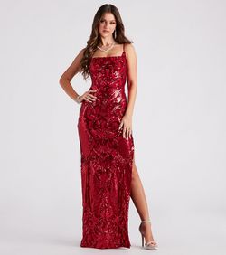 Style 05002-7166 Windsor Red Size 4 Sequined Sheer Square Neck Floor Length Side slit Dress on Queenly