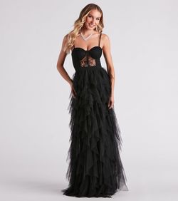 Style 05002-2711 Windsor Black Size 0 Bustier Jersey Prom Lace Straight Dress on Queenly
