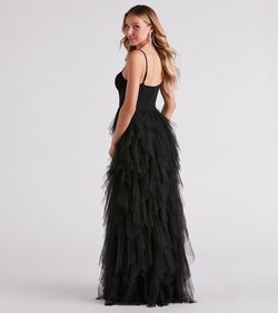 Style 05002-2711 Windsor Black Size 12 Ruffles Sweetheart Lace Spaghetti Strap Jersey Straight Dress on Queenly
