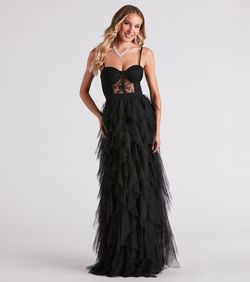Style 05002-2711 Windsor Black Size 12 Ruffles Sweetheart Lace Spaghetti Strap Jersey Straight Dress on Queenly