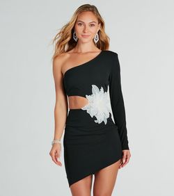 Style 05001-2046 Windsor Black Size 12 Jersey Mini Floral Long Sleeve Cocktail Dress on Queenly