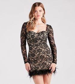 Style 05001-1750 Windsor Black Size 4 Padded Sheer Feather Tall Height Sorority Cocktail Dress on Queenly