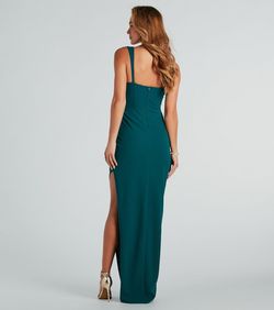 Style 05002-7897 Windsor Green Size 0 Floor Length Wedding Guest Tall Height Corset Side slit Dress on Queenly