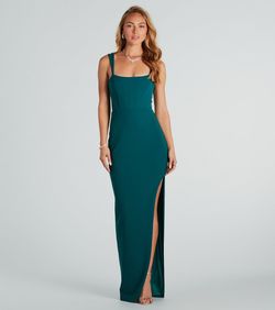 Style 05002-7897 Windsor Green Size 12 Floor Length Wedding Guest Tall Height Corset Side slit Dress on Queenly
