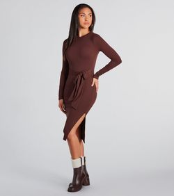 Style 05102-5248 Windsor Brown Size 12 Jersey Sleeves Side slit Dress on Queenly