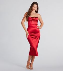 Style 05001-2028 Windsor Red Size 0 Satin Jersey Side slit Dress on Queenly