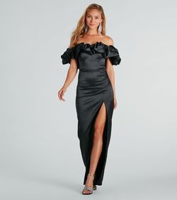 Style 05002-7876 Windsor Black Size 2 Mini Satin Floor Length Side slit Dress on Queenly